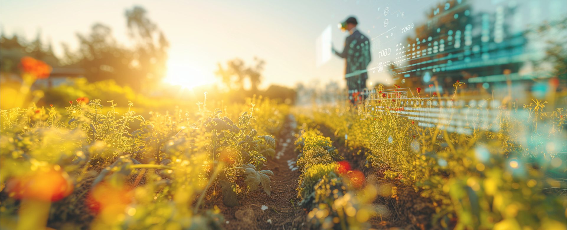 Das Bild zeigt eine landwirtschaftliche Nutzfläche bei Sonnenuntergang, auf der im Hintergrund eine Person mit einem digitalen Gerät arbeitet, während im Vordergrund Pflanzen und digitale Zahlen und Diagramme zu sehen sind.