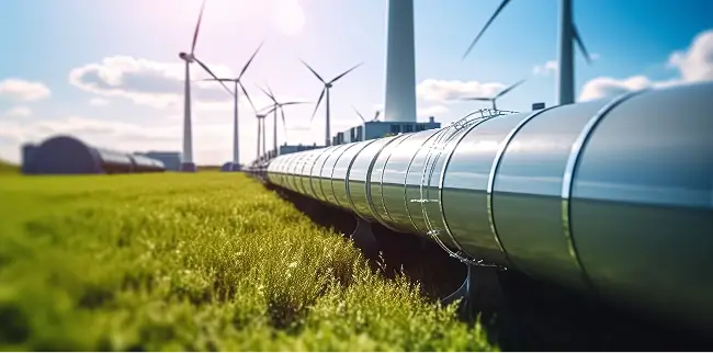 Große Metallpipeline verläuft durch eine grüne Wiese, im Hintergrund stehen mehrere Windräder. Der Himmel ist blau mit Sonnenlicht und einzelnen Wolken.