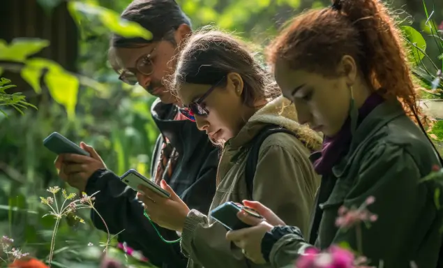 Drei Personen stehen in einem grünen, bewachsenen Bereich und sind vertieft in ihre Smartphones.