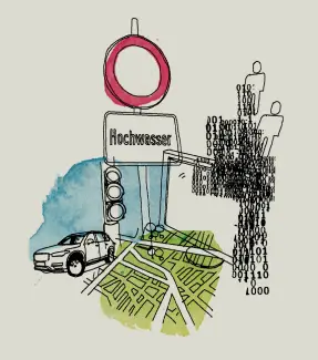 Die Illustration zeigt ein Auto vor einem Verkehrszeichen mit der Aufschrift 'Hochwasser', eine Ampel, eine Straßenkarte und schematische Figuren, die aus Binärcode bestehen.