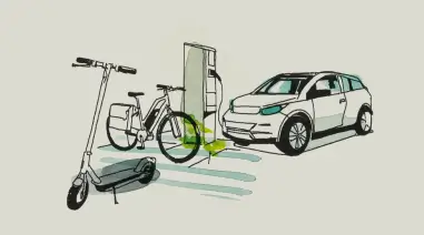 Die Illustration zeigt einen Elektroroller, ein Fahrrad und ein Elektroauto, die an einer Ladestation geparkt sind.