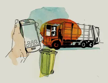 Die Illustration zeigt eine Hand, die ein Smartphone hält, einen Müllwagen und eine Mülltonne.