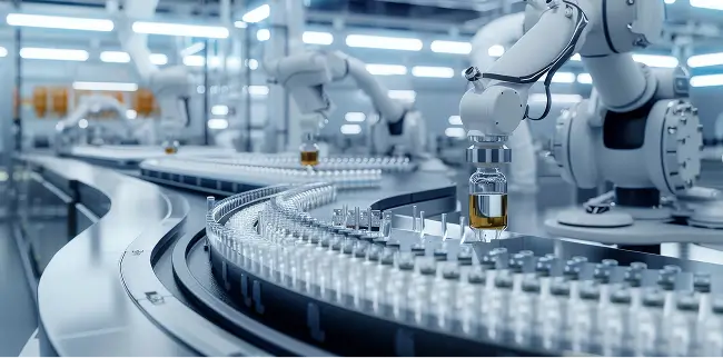 Robotergreifer in einer pharmazeutischen Produktionsanlage setzt ein Medikamentenfläschchen auf ein Förderband. Im Vordergrund sind viele weitere Fläschchen in Reihen auf dem Fließband zu sehen.