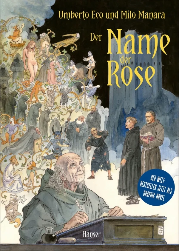 Buchcover der Graphic Novel 'Der Name der Rose' von Umberto Eco und Milo Manara. Es zeigt eine Szene mit Mönchen und mystischen Figuren vor einer Burgkulisse. Der Stil ist detailliert und atmosphärisch.
