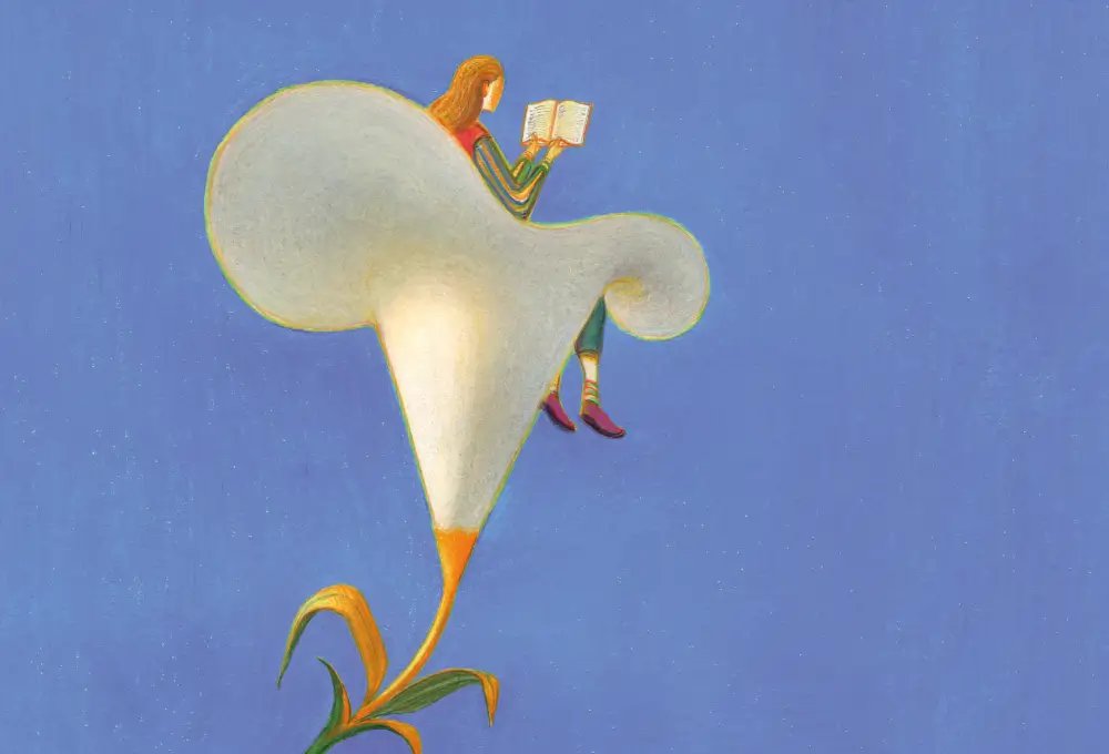 Eine Person sitzt auf einer großen, blütenförmigen Struktur, die an eine Calla-Lilie erinnert. Sie liest ein Buch. Der Hintergrund ist einfarbig blau.