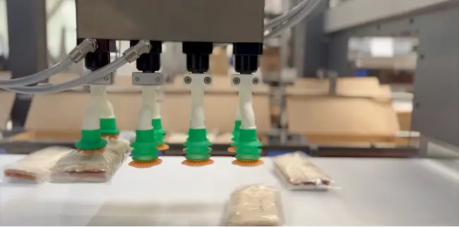 Eine automatische Verpackungsmaschine mit Saugarmen hebt verpackte Lebensmittel auf einem Förderband an. Die grünen und orangengnäpfe sind in Aktion und bewegen die Produkte präzise. Im Hintergrund sind unscharf Kartons zu sehen.