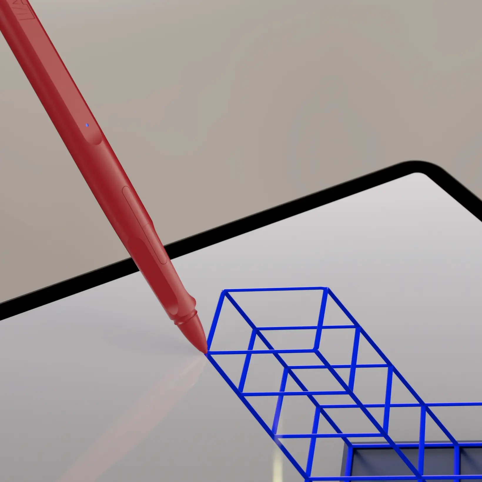 Ein roter digitaler Stift zeichnet ein blaues, geometrisches 3D-Objekt auf einem Tablet.
