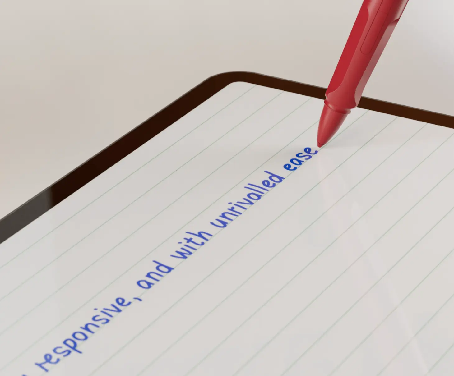 Ein roter digitaler Stift schreibt blauen Text auf einem Tablet mit liniertem Hintergrund. Der Text lautet: 'responsive, and with unrivalled ease.'
