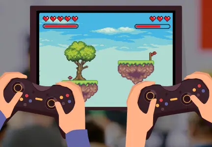 Zwei Hände halten Spiele-Controller vor einem Bildschirm, auf dem ein buntes Jump-and-Run-Videospiel mit Pixelgrafik zu sehen ist. Im Hintergrund sind unscharfe Personen und farbige Flächen erkennbar.
