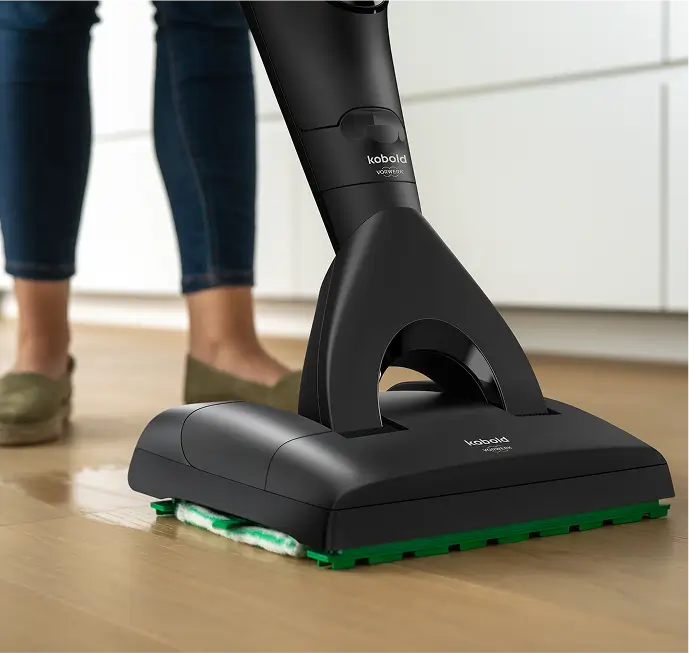 Ein Kobold Staubsaugeraufsatz wischt einen Boden in einer Küche.